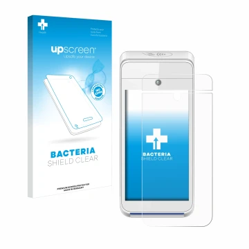 Face avant d’un emballage produit avec le logo de la marque upscreen. À côté, l’appareil Pax A920 est représenté avec la prote