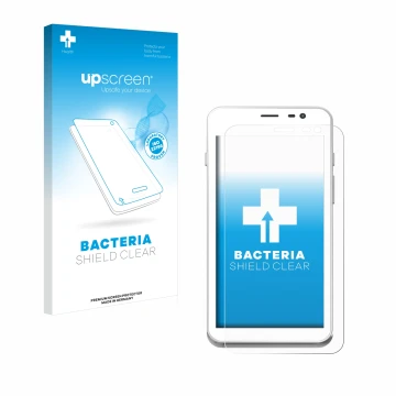 Face avant d’un emballage produit avec le logo de la marque upscreen. À côté, l’appareil Pax A77 est représenté avec la protec