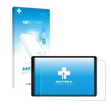 Face avant d’un emballage produit avec le logo de la marque upscreen. À côté, l’appareil Lenovo Smart Tab M10 HD est représent
