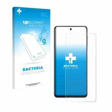 Face avant d’un emballage produit avec le logo de la marque upscreen. À côté, l’appareil Samsung Galaxy M53 5G est représenté 