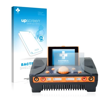 Face avant d’un emballage produit avec le logo de la marque upscreen. À côté, l’appareil Junsi iCharger 406 Duo est représenté