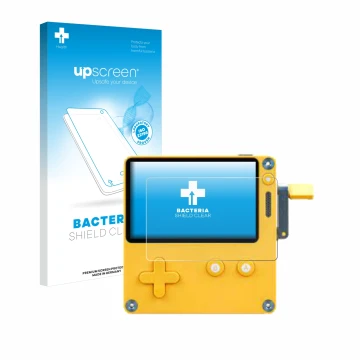 Face avant d’un emballage produit avec le logo de la marque upscreen. À côté, l’appareil Panic Playdate est représenté avec la