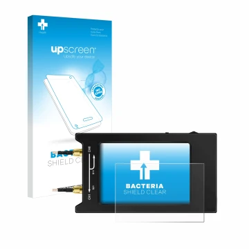 Face avant d’un emballage produit avec le logo de la marque upscreen. À côté, l’appareil NanoVNA H4 est représenté avec la pro