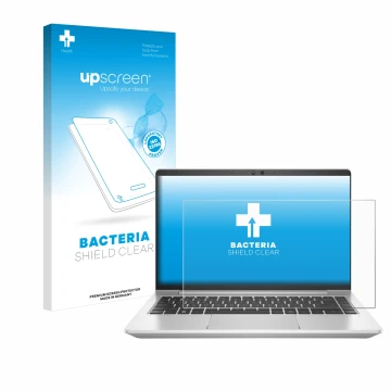 Face avant d’un emballage produit avec le logo de la marque upscreen. À côté, l’appareil HP EliteBook 645 G9 est représenté av
