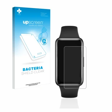 Face avant d’un emballage produit avec le logo de la marque upscreen. À côté, l’appareil Huawei Band 7 est représenté avec la 