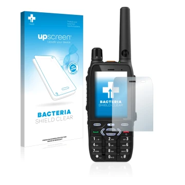 Face avant d’un emballage produit avec le logo de la marque upscreen. À côté, l’appareil Motorola MXP600 est représenté avec l