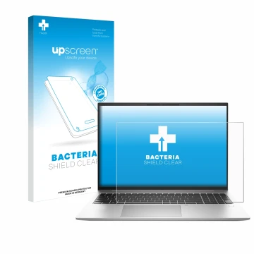 Face avant d’un emballage produit avec le logo de la marque upscreen. À côté, l’appareil HP EliteBook 840 G9 est représenté av