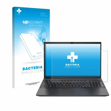 Face avant d’un emballage produit avec le logo de la marque upscreen. À côté, l’appareil Lenovo ThinkPad E15 Gen 2 est représe