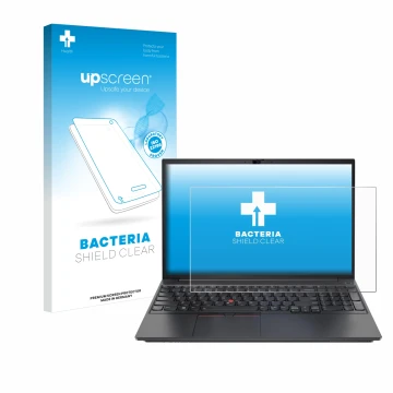 Face avant d’un emballage produit avec le logo de la marque upscreen. À côté, l’appareil Lenovo ThinkPad E15 Gen 3 est représe
