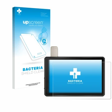 Face avant d’un emballage produit avec le logo de la marque upscreen. À côté, l’appareil Garmin Tread Overland Edition 8