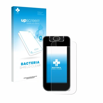 Face avant d’un emballage produit avec le logo de la marque upscreen. À côté, l’appareil Vtech KidiBuzz 3 est représenté avec 