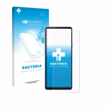 Face avant d’un emballage produit avec le logo de la marque upscreen. À côté, l’appareil Sony Xperia 10 IV est représenté avec