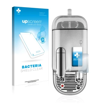 Face avant d’un emballage produit avec le logo de la marque upscreen. À côté, l’appareil Sage Nespresso Creatista Pro est repr