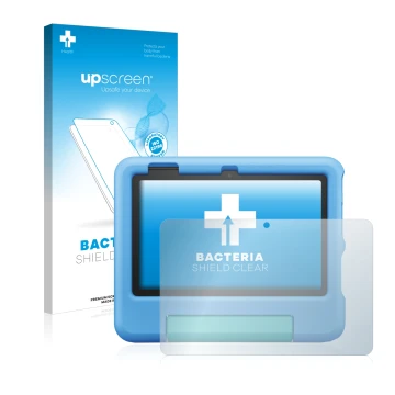 Face avant d’un emballage produit avec le logo de la marque upscreen. À côté, l’appareil Amazon Fire 7 Kids 2022 est représent