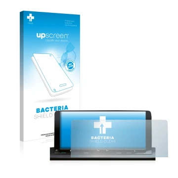 Face avant d’un emballage produit avec le logo de la marque upscreen. À côté, l’appareil Volkswagen Caddy 5 Discover Media 10