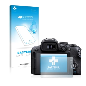 Face avant d’un emballage produit avec le logo de la marque upscreen. À côté, l’appareil Canon EOS R10 est représenté avec la 