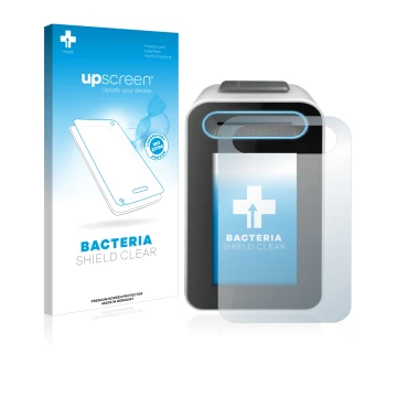 Face avant d’un emballage produit avec le logo de la marque upscreen. À côté, l’appareil Cherry eHealth Terminal ST-1506 est r