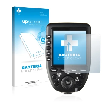 Face avant d’un emballage produit avec le logo de la marque upscreen. À côté, l’appareil Godox XPro est représenté avec la pro