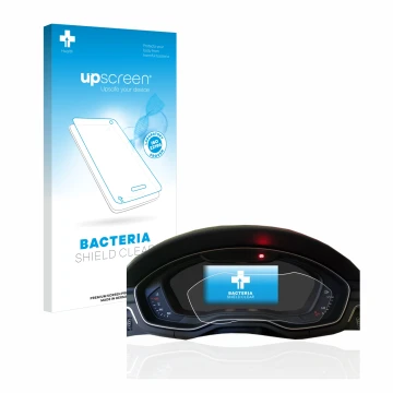 Face avant d’un emballage produit avec le logo de la marque upscreen. À côté, l’appareil Audi A4 B9 2017 Virtual Cockpit est r