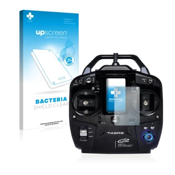 Face avant d’un emballage produit avec le logo de la marque upscreen. À côté, l’appareil Futaba T4GRS est représenté avec la p