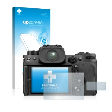 Face avant d’un emballage produit avec le logo de la marque upscreen. À côté, l’appareil Fujifilm X-H2S est représenté avec la