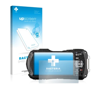 Face avant d’un emballage produit avec le logo de la marque upscreen. À côté, l’appareil Ricoh WG-80 est représenté avec la pr