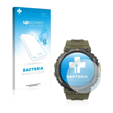 Face avant d’un emballage produit avec le logo de la marque upscreen. À côté, l’appareil Huami Amazfit T-Rex 2 est représenté 