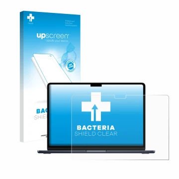 Face avant d’un emballage produit avec le logo de la marque upscreen. À côté, l’appareil Apple MacBook Air 13