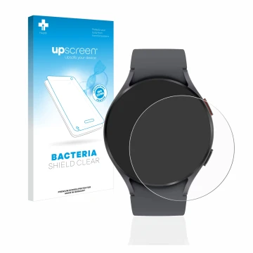 Face avant d’un emballage produit avec le logo de la marque upscreen. À côté, l’appareil Samsung Galaxy Watch 5 (44mm) est rep