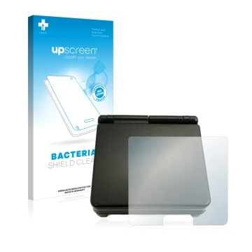 Face avant d’un emballage produit avec le logo de la marque upscreen. À côté, l’appareil Nintendo Gameboy Advance SP (boîtier)