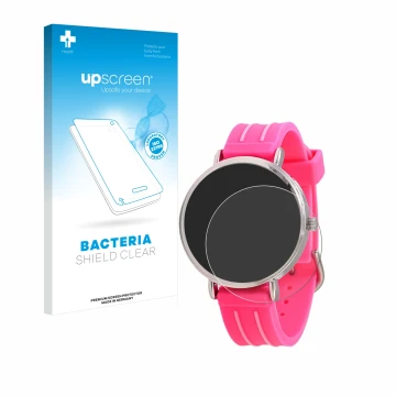 Face avant d’un emballage produit avec le logo de la marque upscreen. À côté, l’appareil Kiddus Children's Learning Watch est 