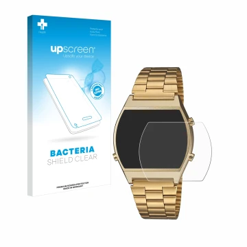 Face avant d’un emballage produit avec le logo de la marque upscreen. À côté, l’appareil Casio Retro B640WB est représenté ave