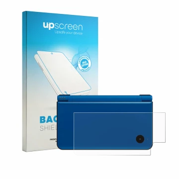 Face avant d’un emballage produit avec le logo de la marque upscreen. À côté, l’appareil Nintendo DSi XL (boîtier) est représe