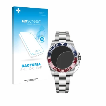 Face avant d’un emballage produit avec le logo de la marque upscreen. À côté, l’appareil Rolex GMT-Master II est représenté av