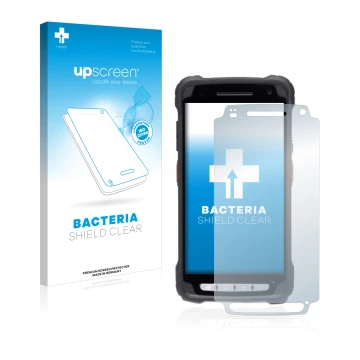 Face avant d’un emballage produit avec le logo de la marque upscreen. À côté, l’appareil Janam XT3 est représenté avec la prot
