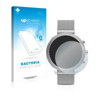 Face avant d’un emballage produit avec le logo de la marque upscreen. À côté, l’appareil Fossil Stella (6. Gen) est représenté