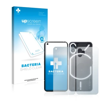 Face avant d’un emballage produit avec le logo de la marque upscreen. À côté, l’appareil Nothing Phone (1) (Avant+Arrière) est