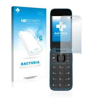 Face avant d’un emballage produit avec le logo de la marque upscreen. À côté, l’appareil Nokia 2660 Flip est représenté avec l