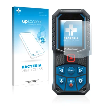 Face avant d’un emballage produit avec le logo de la marque upscreen. À côté, l’appareil Bosch GLM 50-27 C est représenté avec