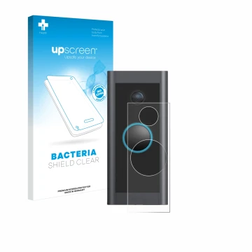 Face avant d’un emballage produit avec le logo de la marque upscreen. À côté, l’appareil Ring Video Doorbell Wired est représe