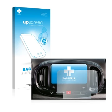 Face avant d’un emballage produit avec le logo de la marque upscreen. À côté, l’appareil Fiat 500L 2022 Uconnect 7