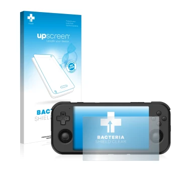 Face avant d’un emballage produit avec le logo de la marque upscreen. À côté, l’appareil Retroid Pocket 3 est représenté avec 