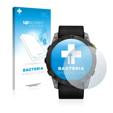 Face avant d’un emballage produit avec le logo de la marque upscreen. À côté, l’appareil Garmin Enduro 2 est représenté avec l