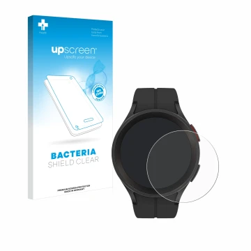 Face avant d’un emballage produit avec le logo de la marque upscreen. À côté, l’appareil Samsung Galaxy Watch 5 Pro est représ