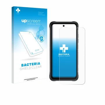 Face avant d’un emballage produit avec le logo de la marque upscreen. À côté, l’appareil Umidigi Bison 2 Pro est représenté av