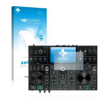 Face avant d’un emballage produit avec le logo de la marque upscreen. À côté, l’appareil Denon DJ Prime Go est représenté avec