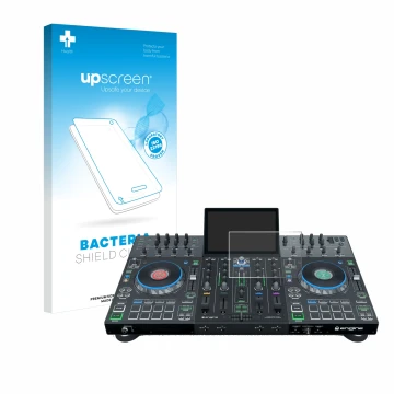 Face avant d’un emballage produit avec le logo de la marque upscreen. À côté, l’appareil Denon DJ Prime 4 est représenté avec 