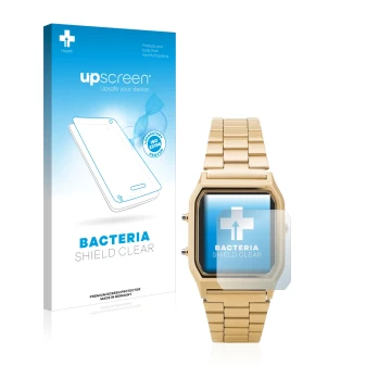 Face avant d’un emballage produit avec le logo de la marque upscreen. À côté, l’appareil Casio AQ-230GA est représenté avec la