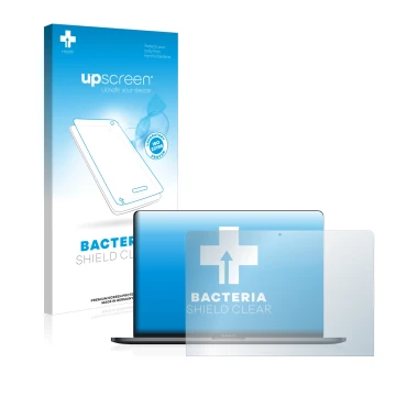 Face avant d’un emballage produit avec le logo de la marque upscreen. À côté, l’appareil Apple MacBook Pro 13