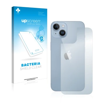 Face avant d’un emballage produit avec le logo de la marque upscreen. À côté, l’appareil Apple iPhone 14 (Arrière) est représe